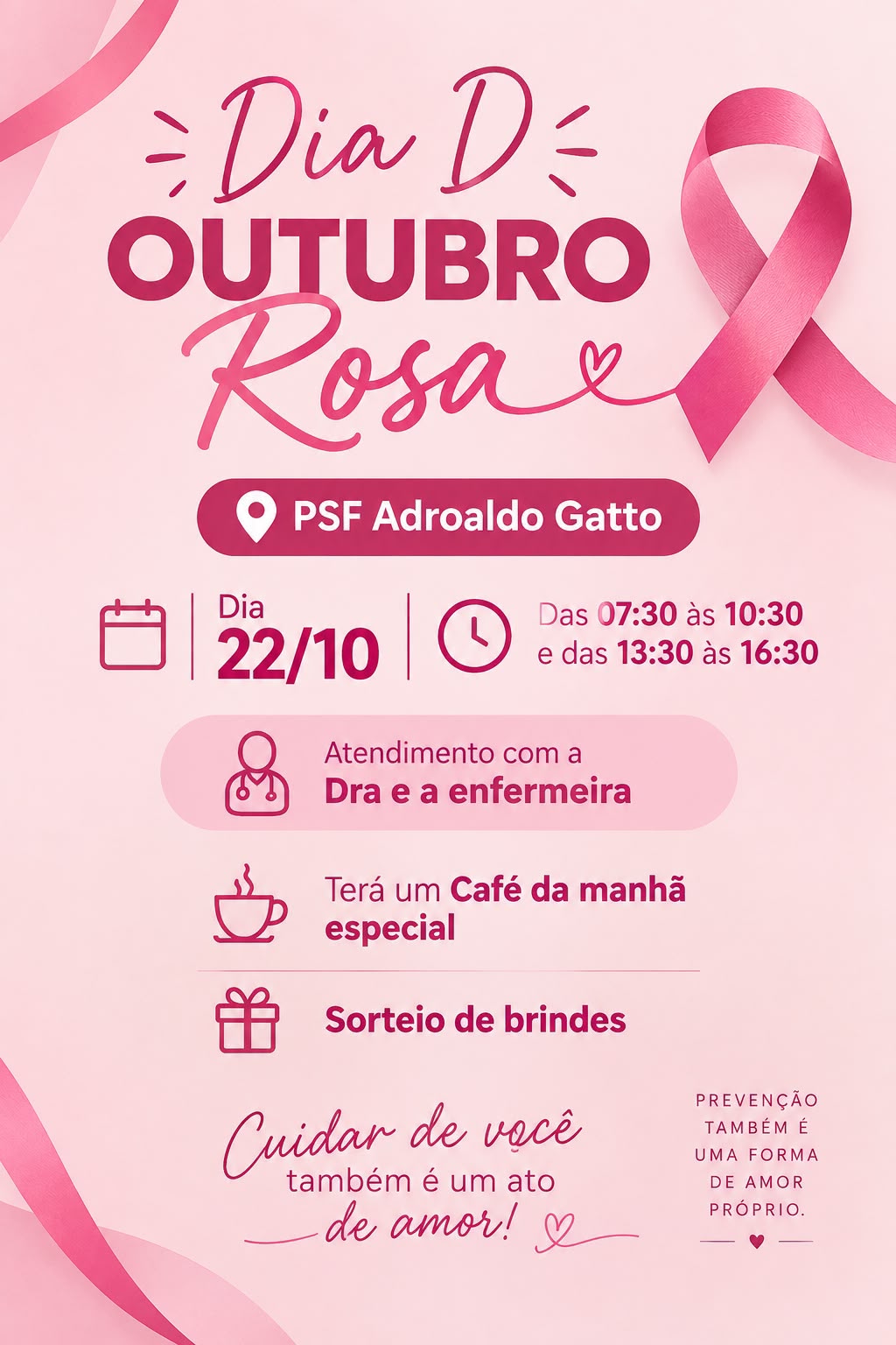 PSF Adroaldo Gatto realiza ação especial do Outubro Rosa nesta Quinta-feira em Ouro Branco do Sul