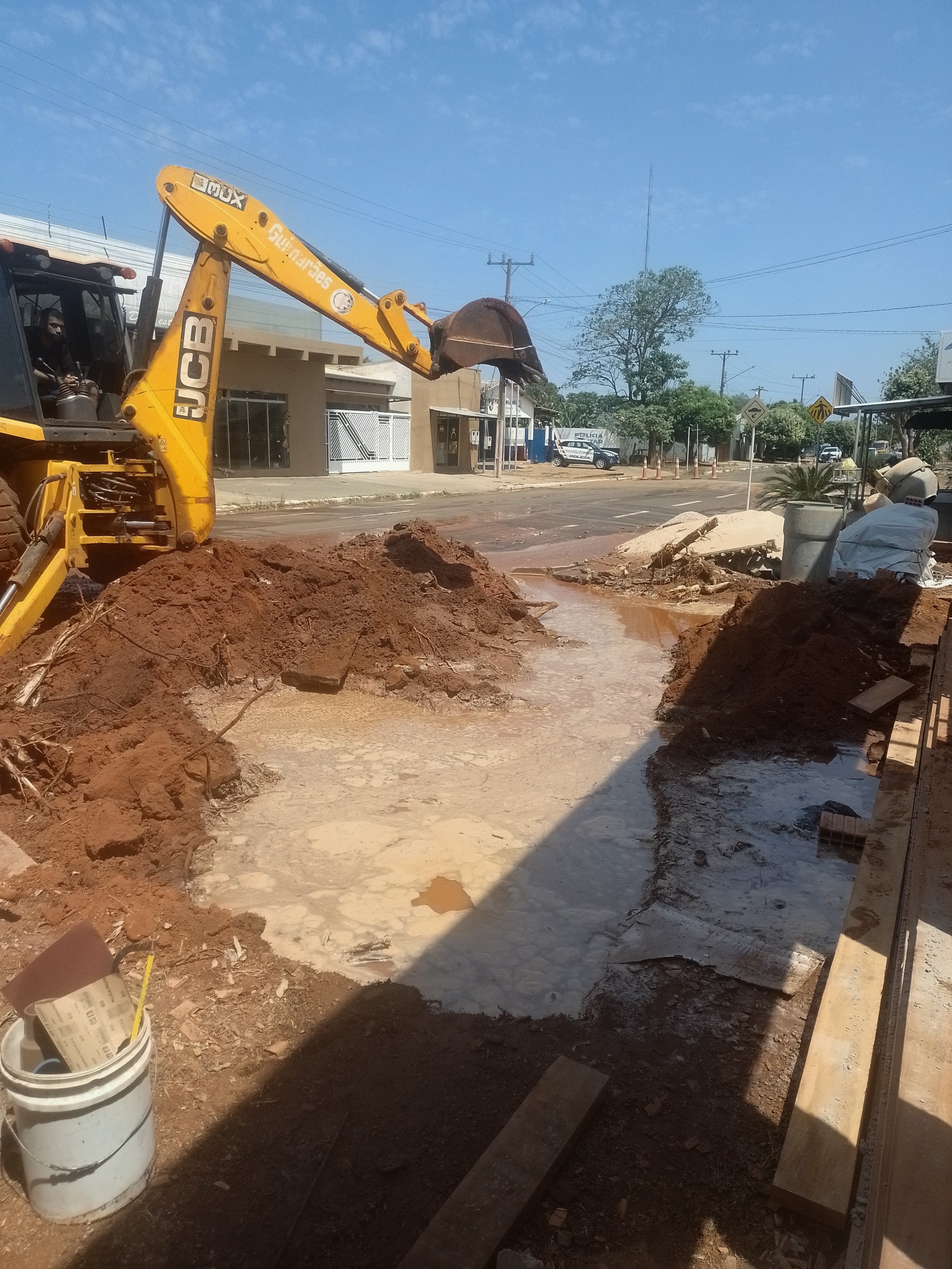 Raiz de árvore causa transtornos e rompimento de cano na Avenida Edilson Pedro Martelli